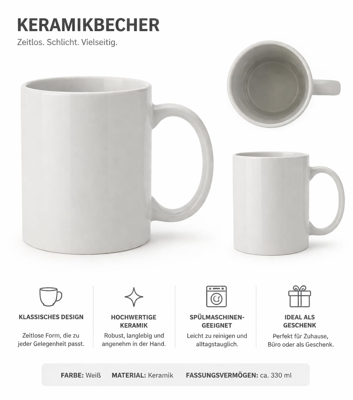 Klassischer Keramik-Kaffeebecher Weiß – 330 ml | Zeitloses Design | Spülmaschinengeeignet