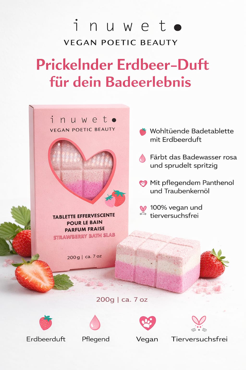 INUWET Badetablette Erdbeere 200 g – Verwandle dein Bad in ein sprudelndes Wellness-Erlebnis