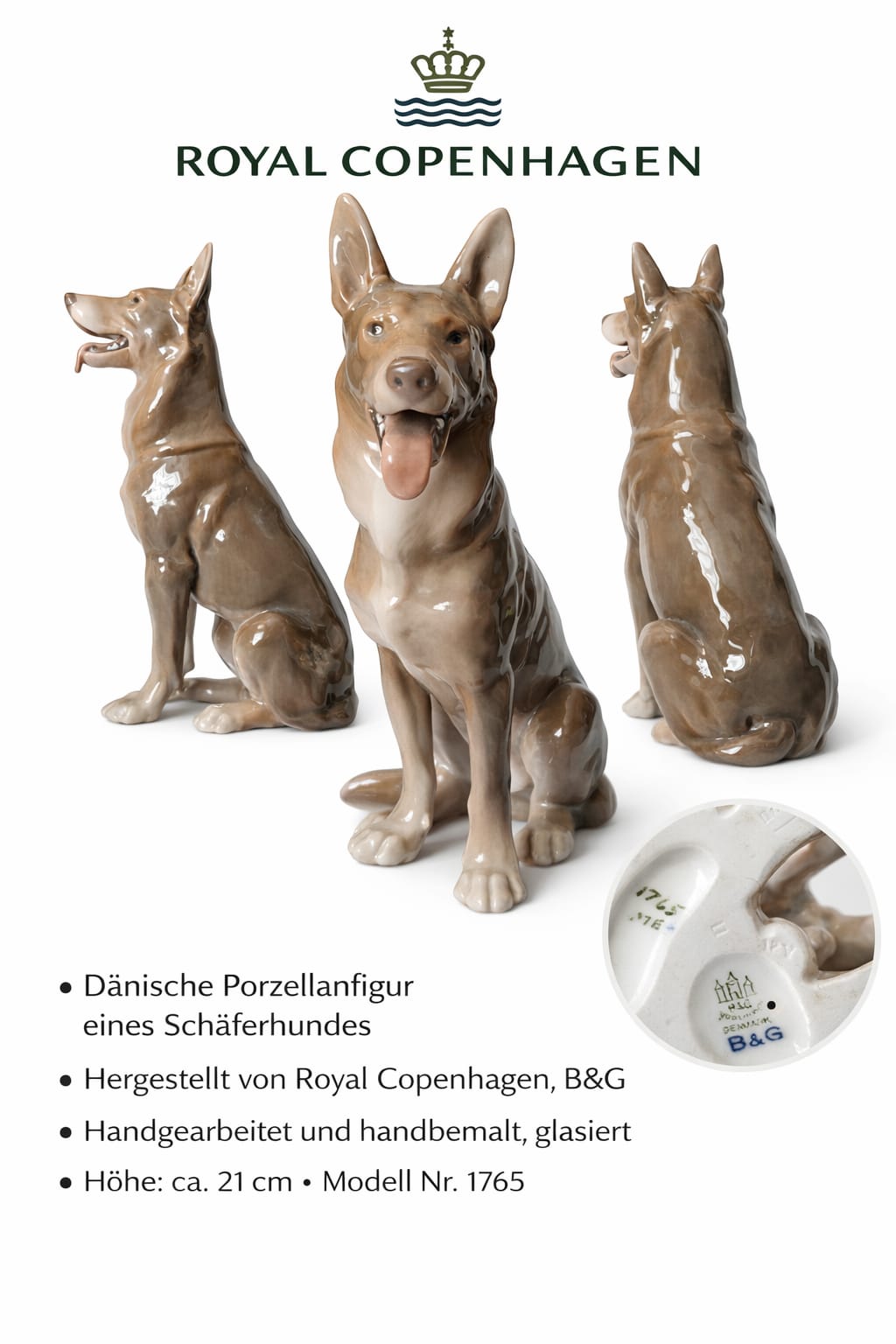 Royal Copenhagen Schäferhund Porzellanfigur – Handbemalte Sammlerfigur aus Dänemark | Modell 1765