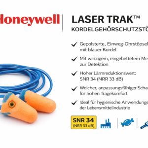 Honeywell Laser Trak Gehörschutzstöpsel mit Kordel | Hohe Schalldämmung SNR 34 dB | Komfortabler Einweg-Gehörschutz