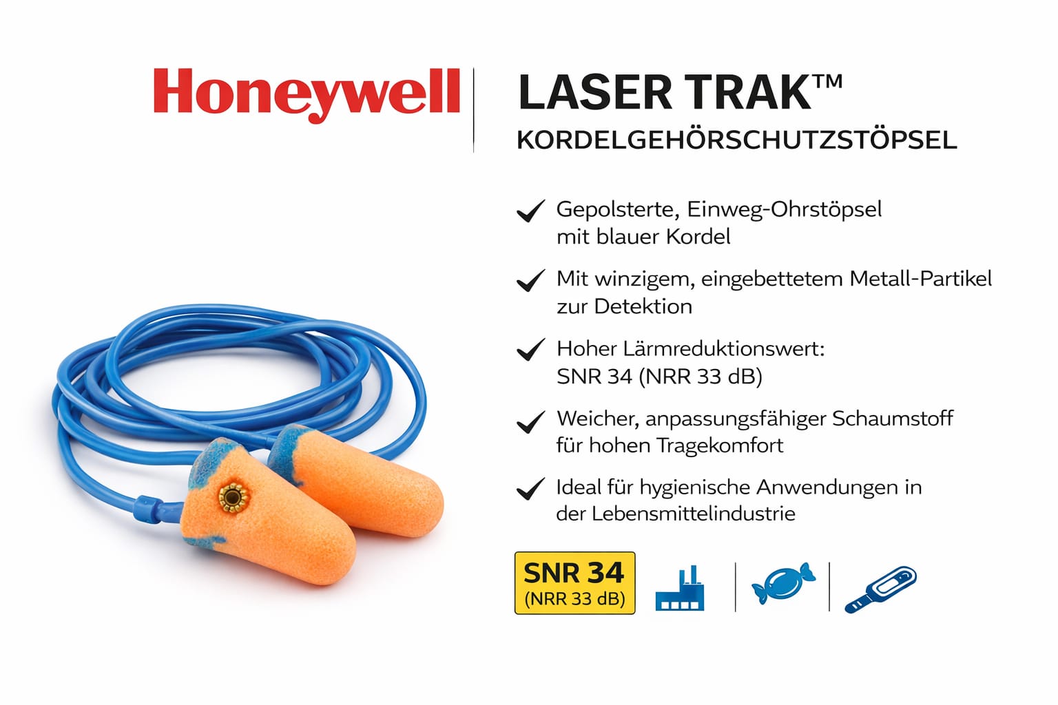 Honeywell Laser Trak Gehörschutzstöpsel mit Kordel | Hohe Schalldämmung SNR 34 dB | Komfortabler Einweg-Gehörschutz