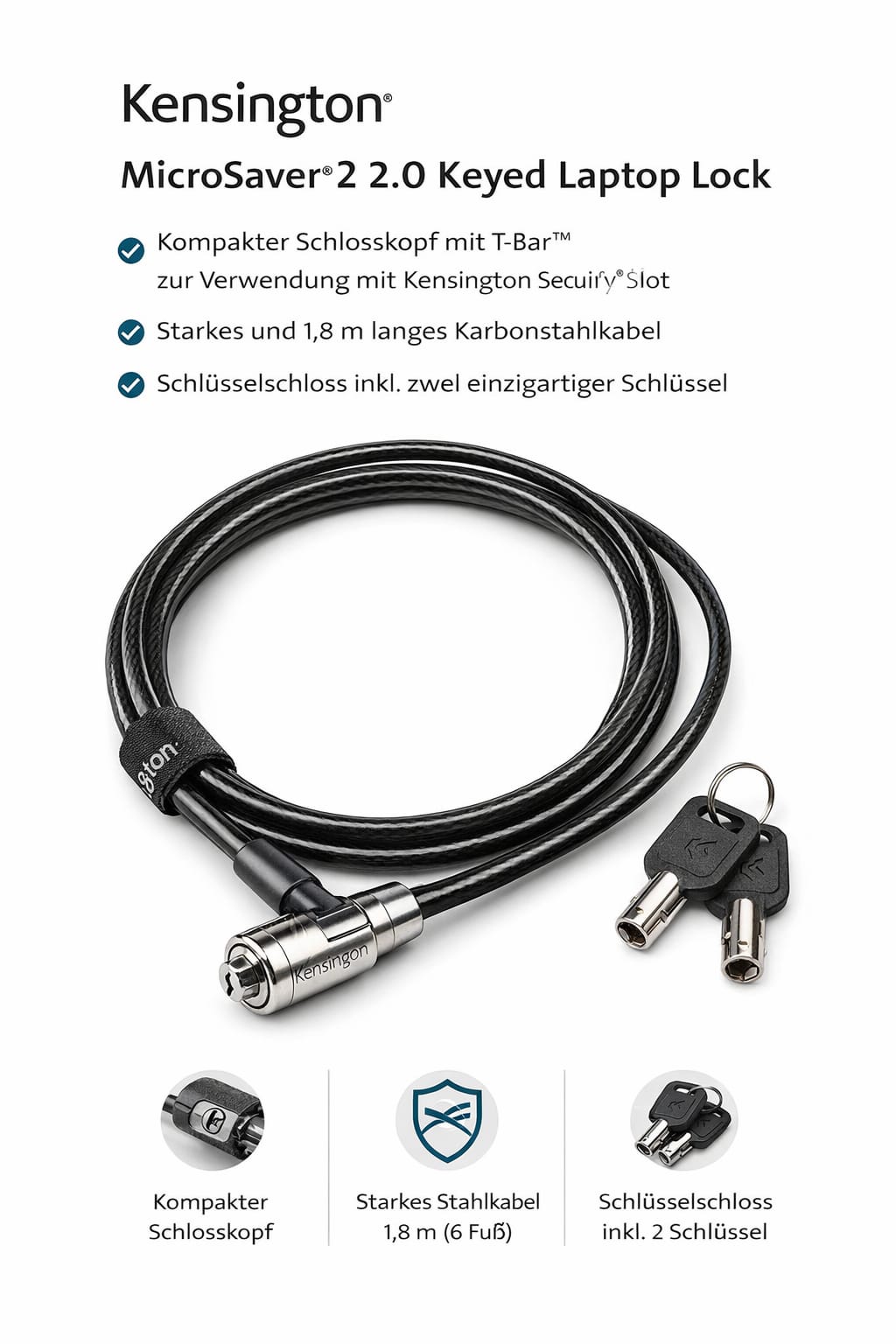 Kensington MicroSaver 2.0 Keyed Laptop Lock - Sicherheitskabel - Silber - 1.8 m