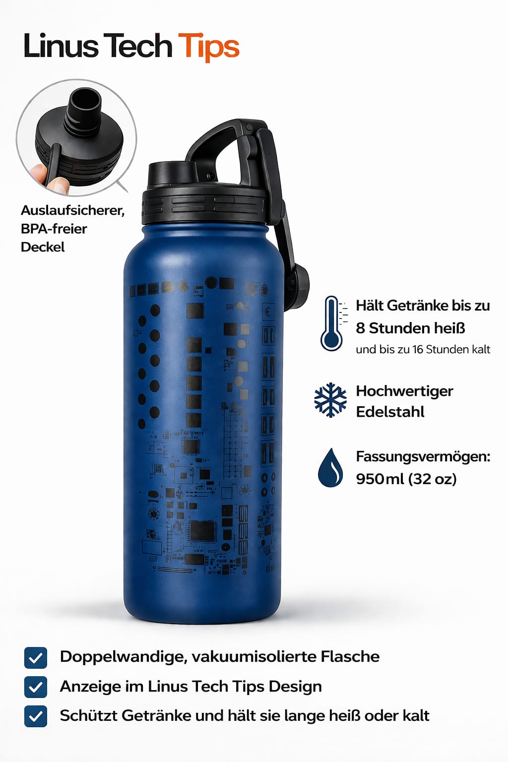Premium Edelstahl-Trinkflasche 950ml