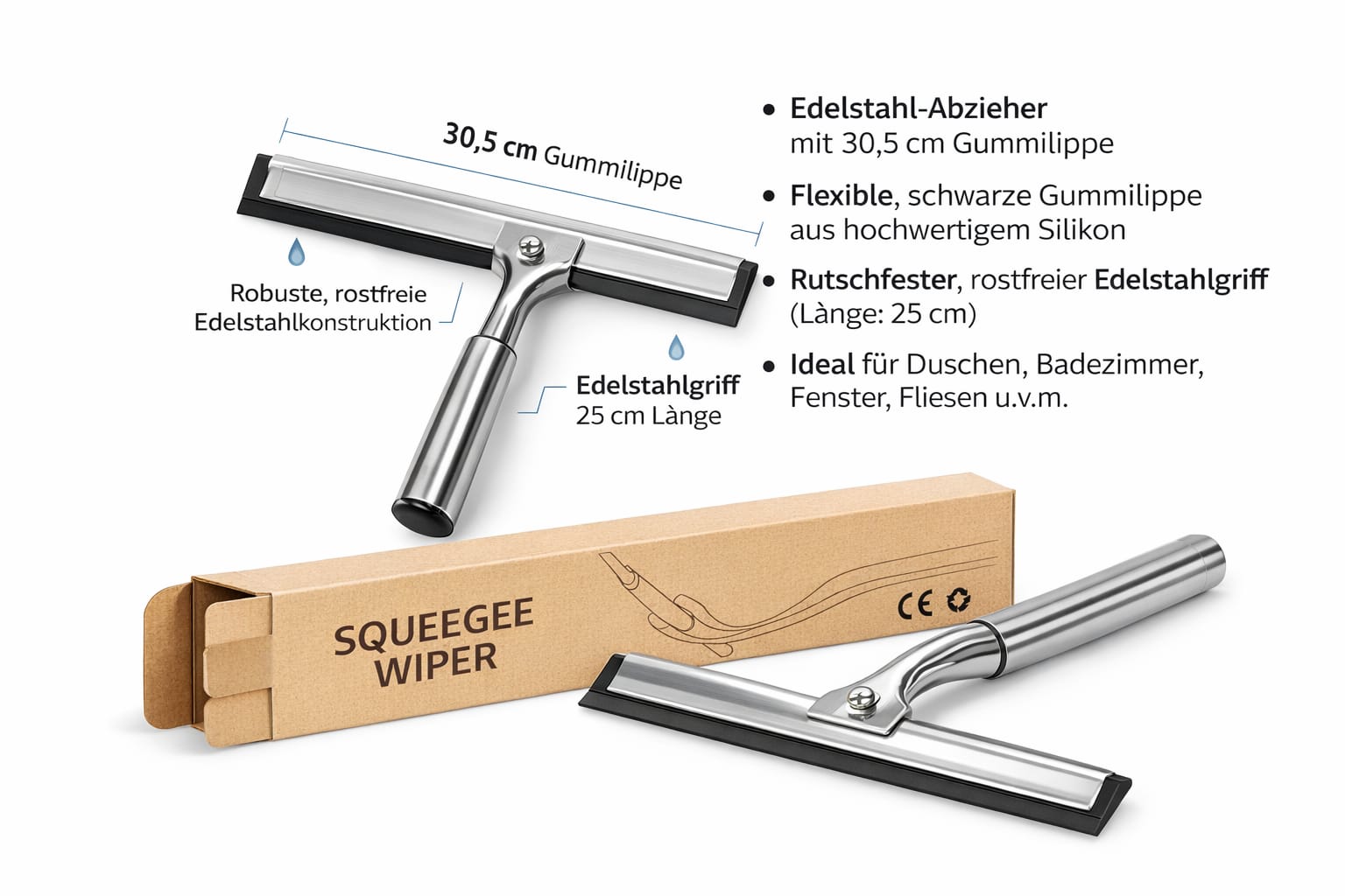 Edelstahl Duschabzieher 30,5 cm – Streifenfreie Reinigung für Dusche, Fenster & Fliesen | Hochwertiger Silikonabzieher