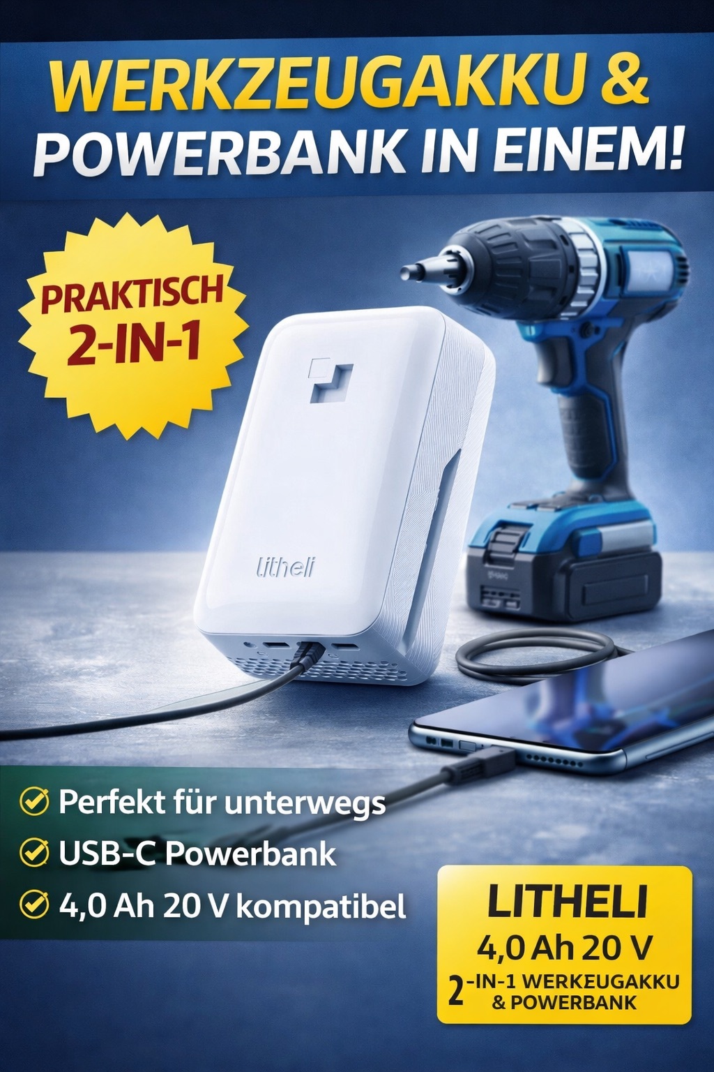 Litheli 20V 4,0Ah Powerbank – 2-in-1 Energiequelle