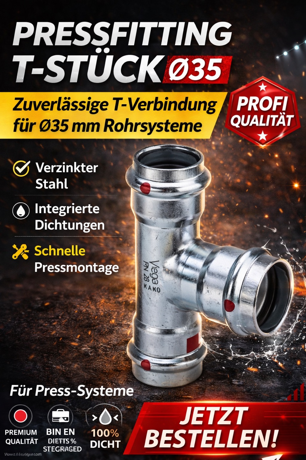 Viega Prestabo 1118 T-Stück 35 mm ,Stahl unlegiert, verzinkt 558659