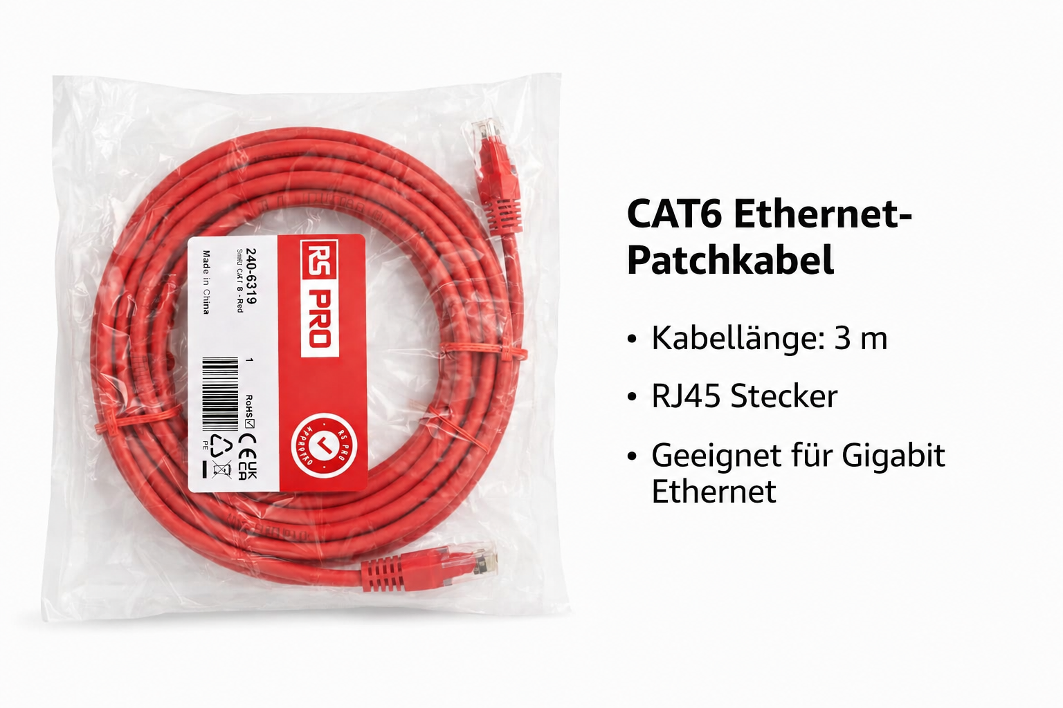 RS PRO Ethernetkabel Cat.6 – 3 m Patchkabel Rot