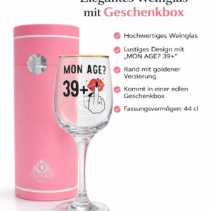 CROWNLY CRYSTAL® Lustiges Weinglas „MON AGE? 39+“ mit Geschenkbox