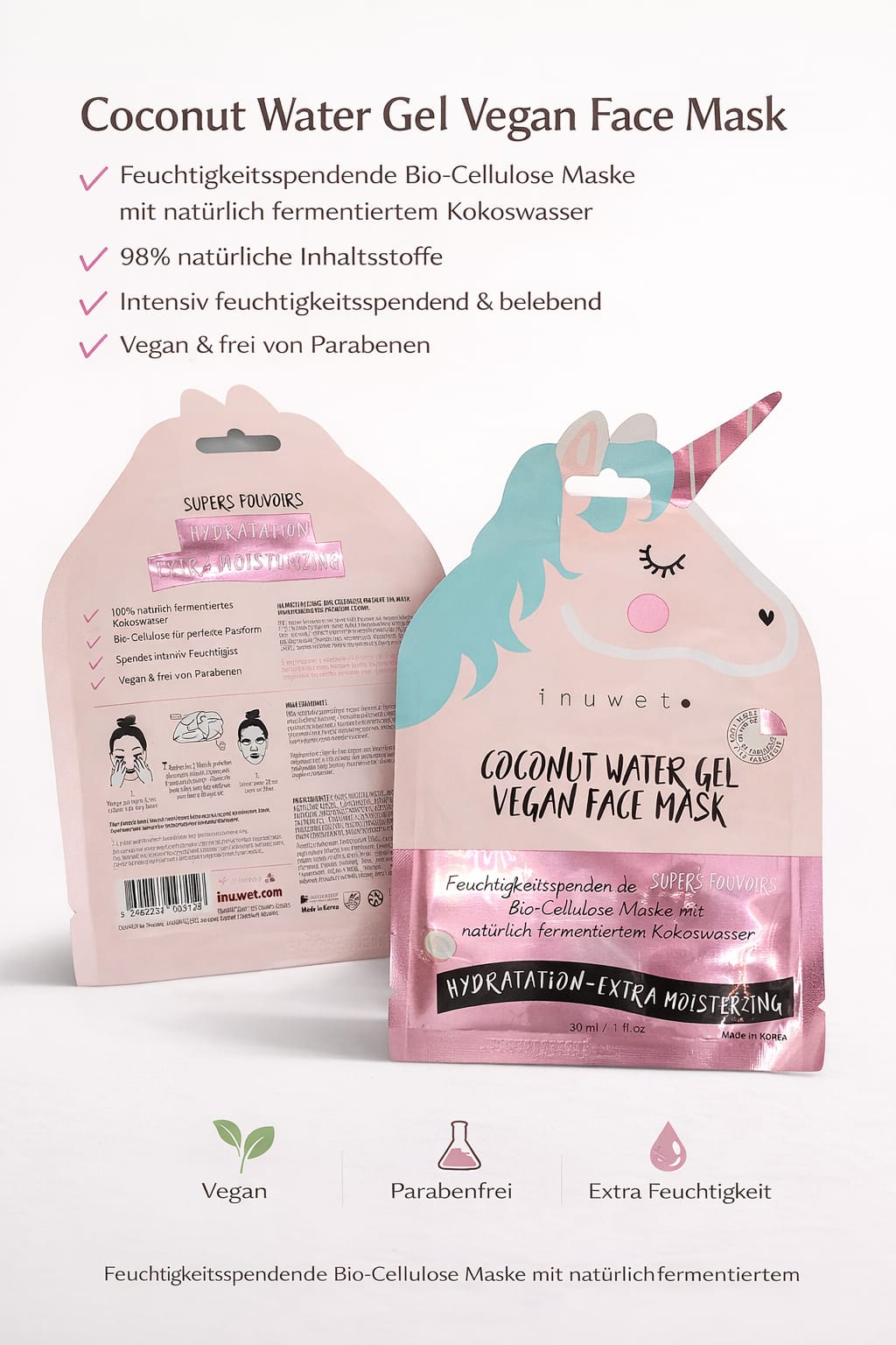 Inuwet Eau de Coco Gesichtsmaske – Coconut Water Gel Vegan Face Mask 10x30 ml