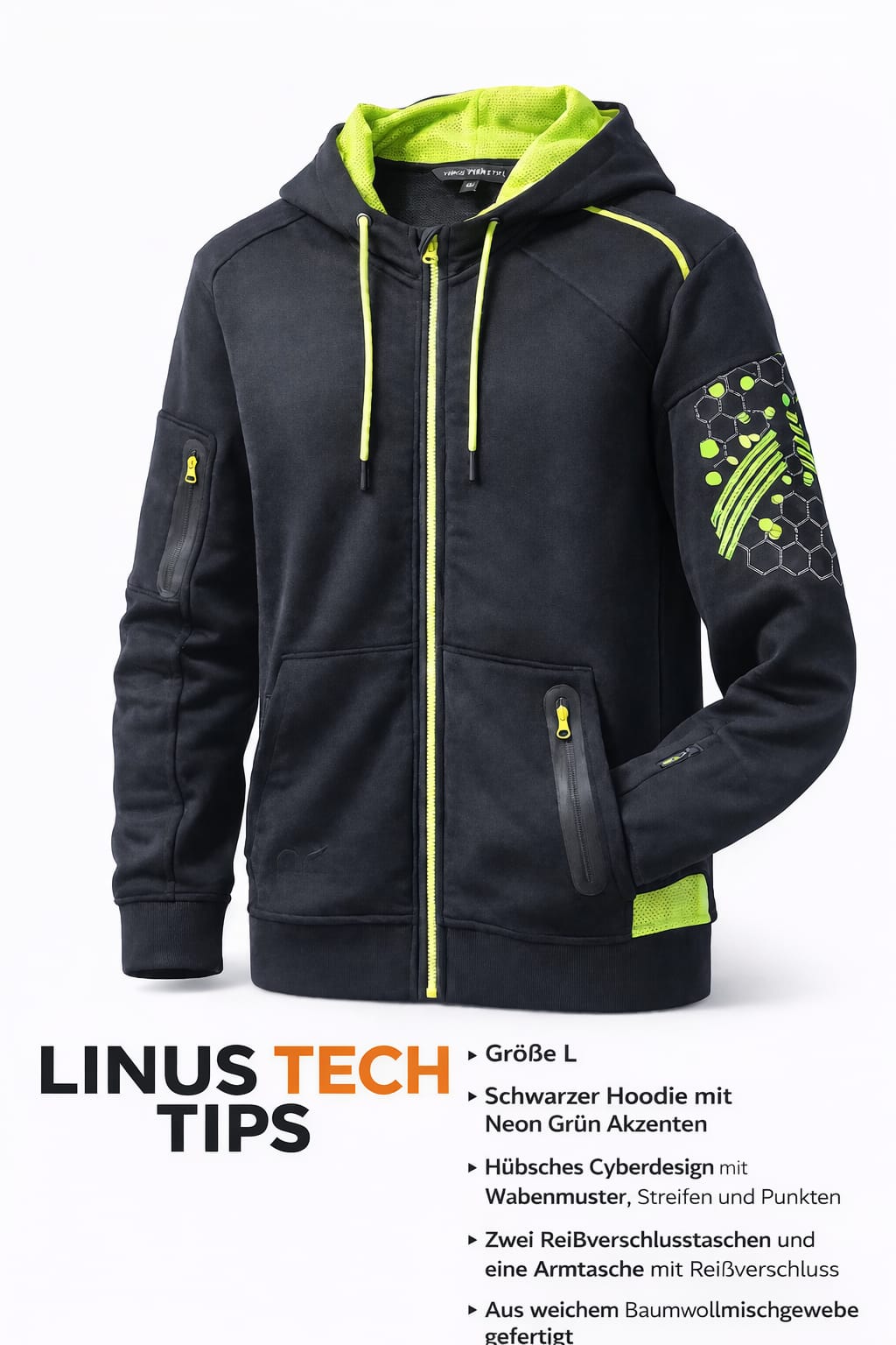 Linus Tech Tips Zip-Hoodie – Schwarz/Neon-Grün, Größe L