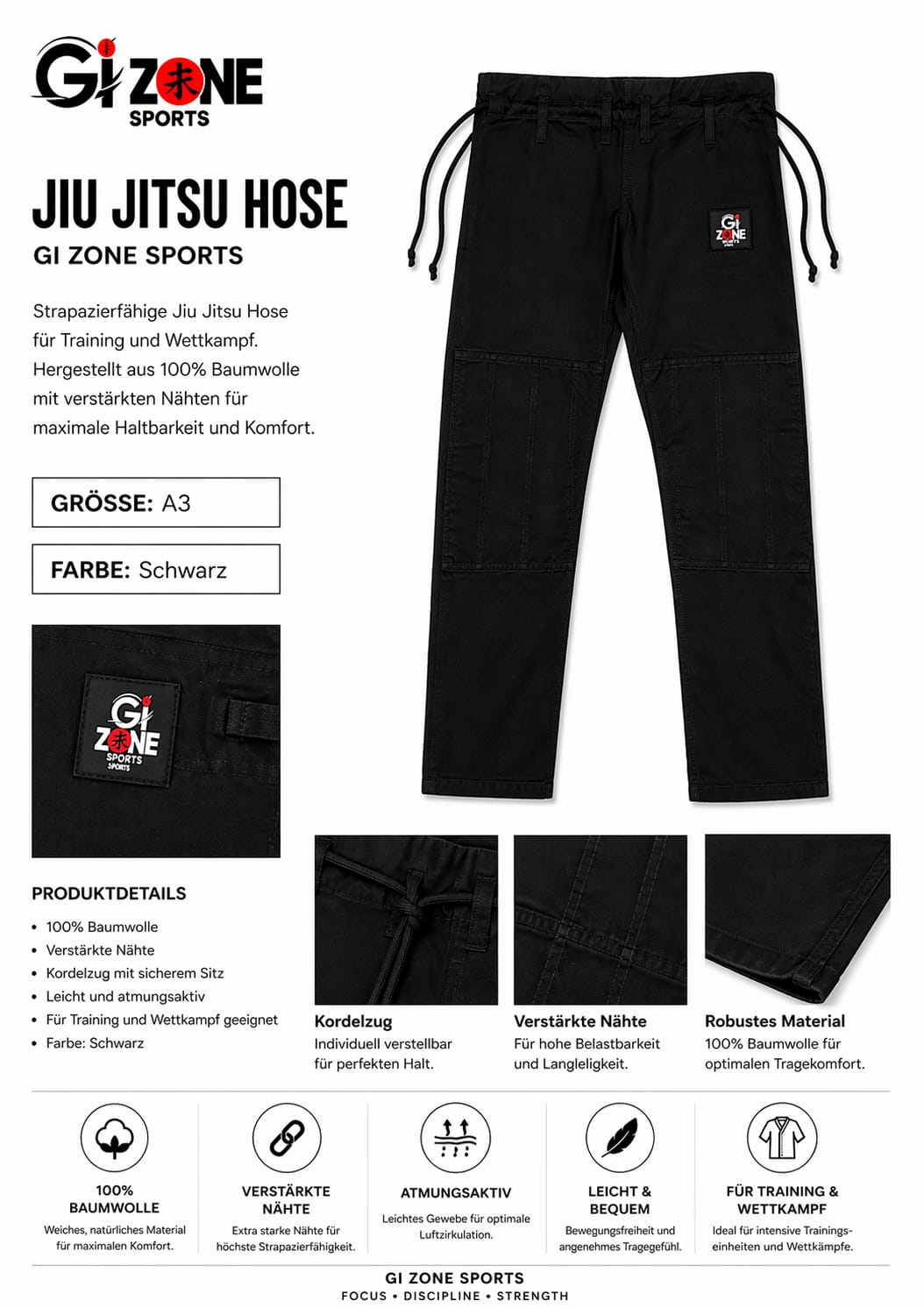 GI Zone Sports Jiu Jitsu Anzug – Schwarz, Größe A3 – Bild 3