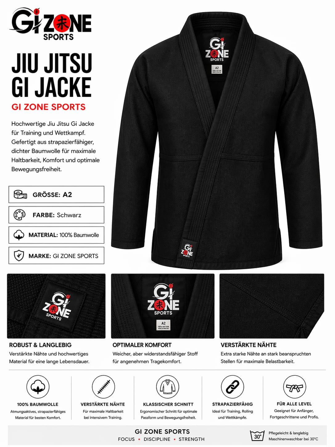GI Zone Sports Jiu Jitsu Anzug – Schwarz, Größe A2