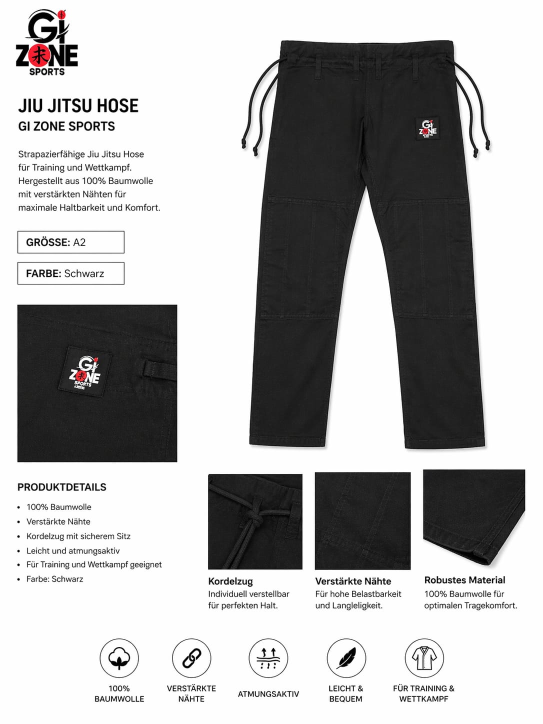 GI Zone Sports Jiu Jitsu Anzug – Schwarz, Größe A2 - Image 3