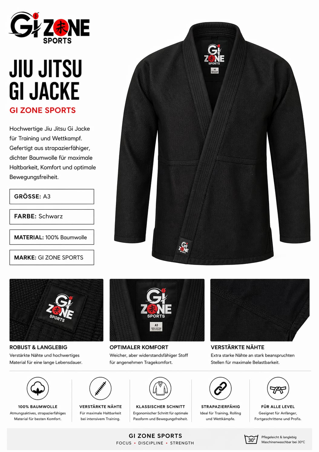 GI Zone Sports Jiu Jitsu Anzug – Schwarz, Größe A3
