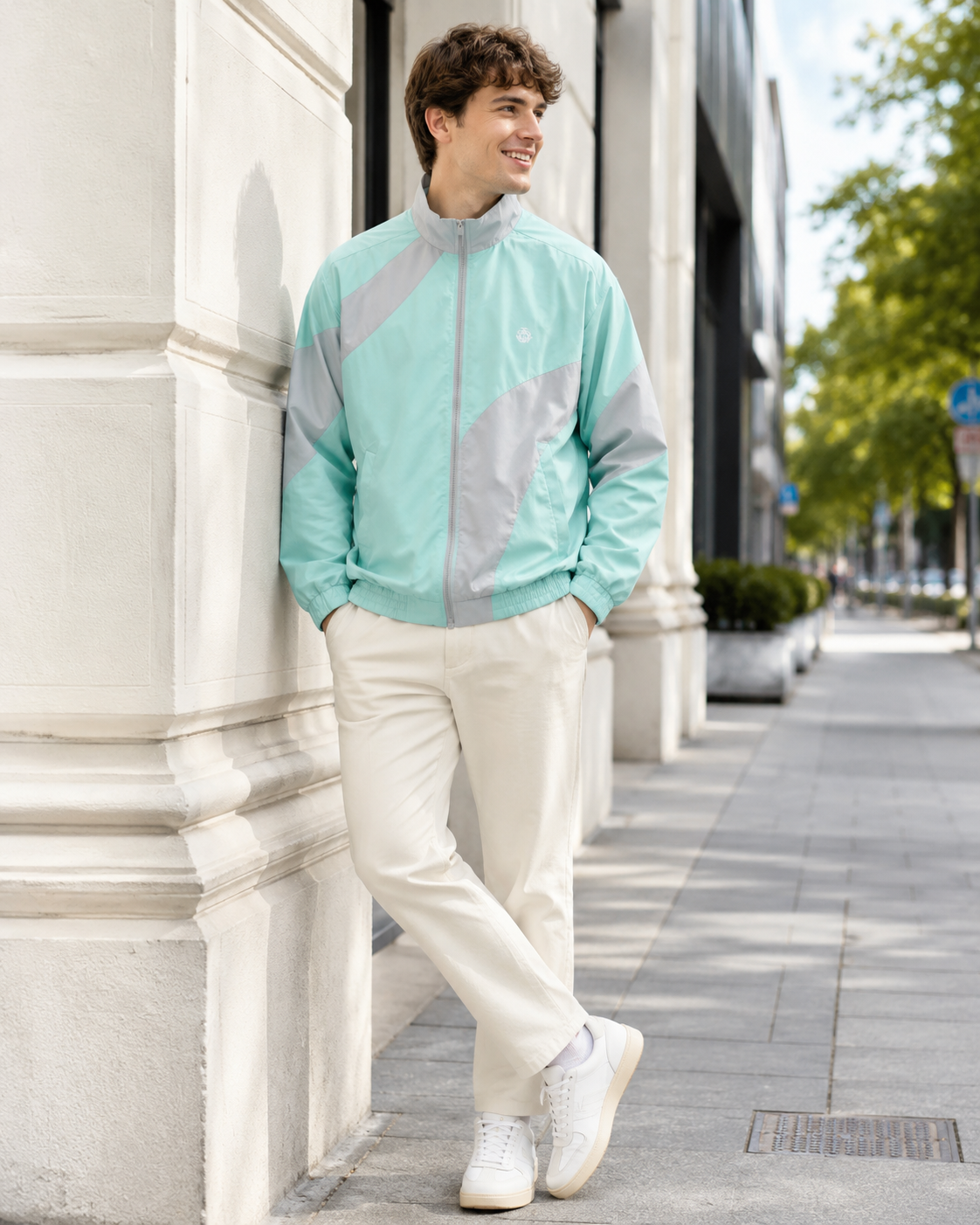EDWIN leichte Windjacke – Mintgrün/Hellgrau, Größe M
