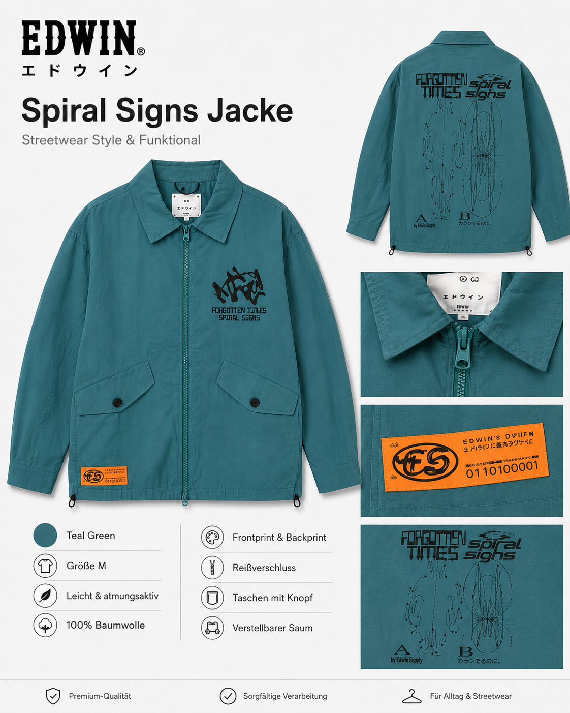EDWIN Spiral Signs Jacket – Teal Green, Größe M - Image 3