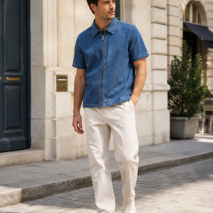 EDWIN Kurzarm-Denim-Hemd mit Reißverschluss – Größe M
