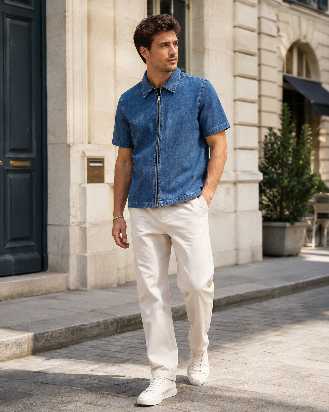 EDWIN Kurzarm-Denim-Hemd mit Reißverschluss – Größe M