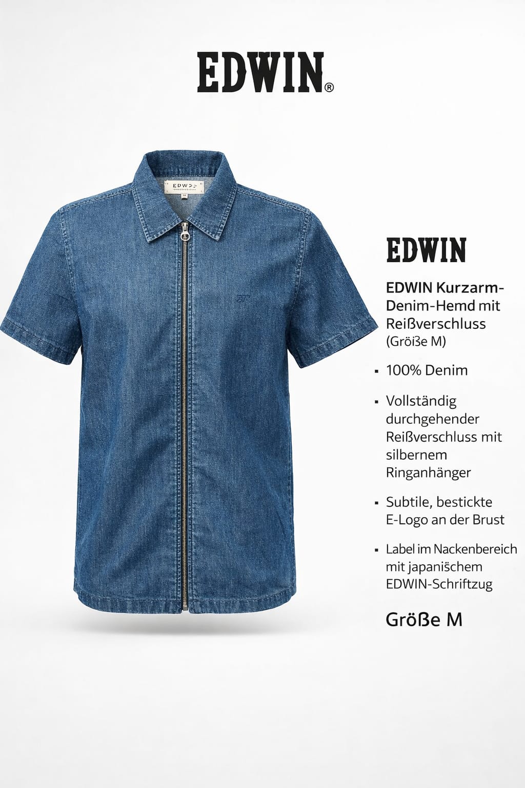 EDWIN Kurzarm-Denim-Hemd mit Reißverschluss – Größe M - Image 5