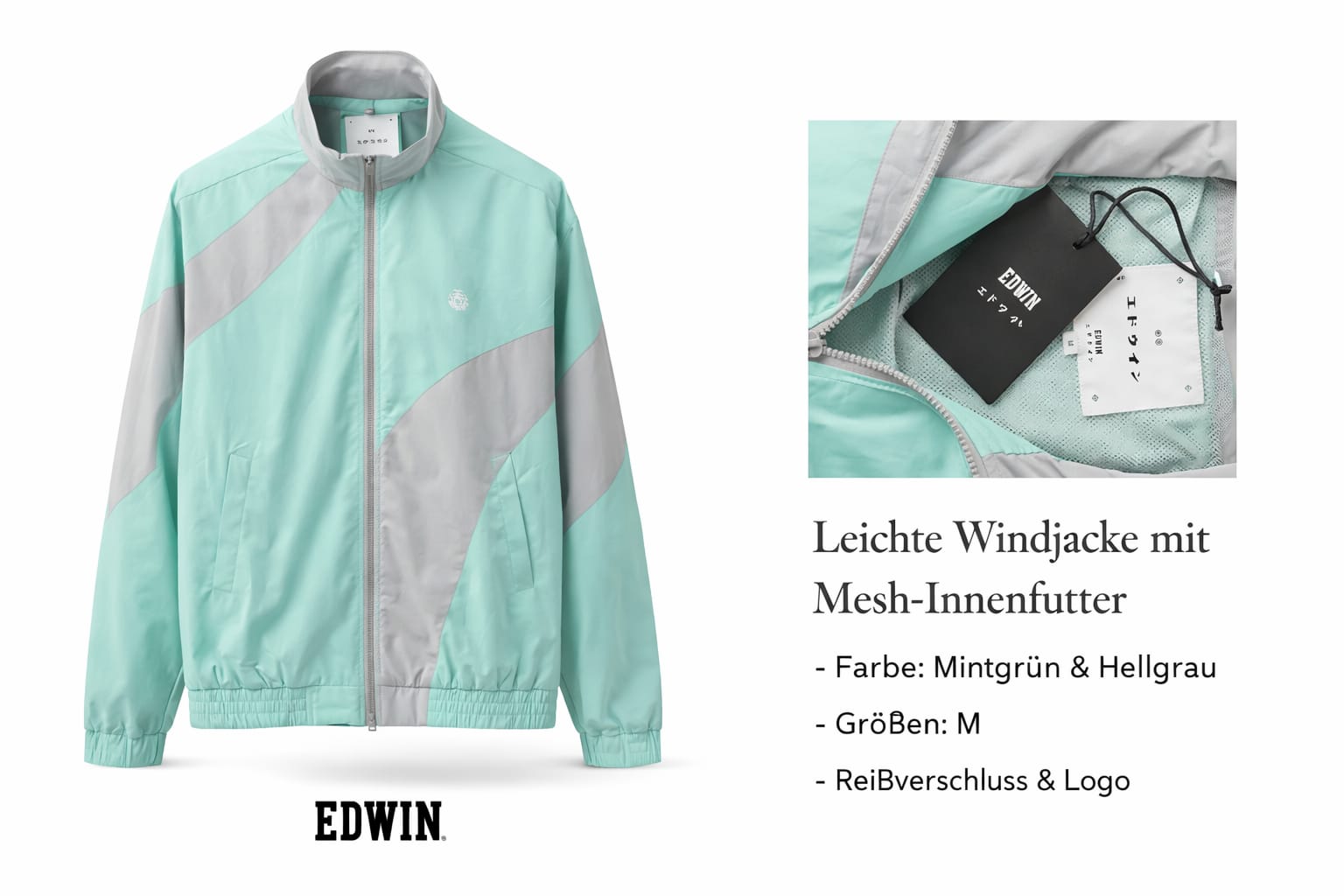 EDWIN leichte Windjacke – Mintgrün/Hellgrau, Größe M - Image 3
