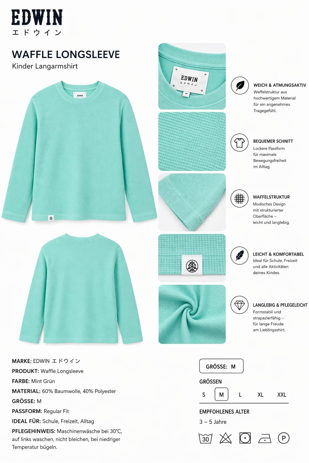 🌿 EDWIN Waffle Longsleeve Unisex – Mintgrün, Größe M - Image 4