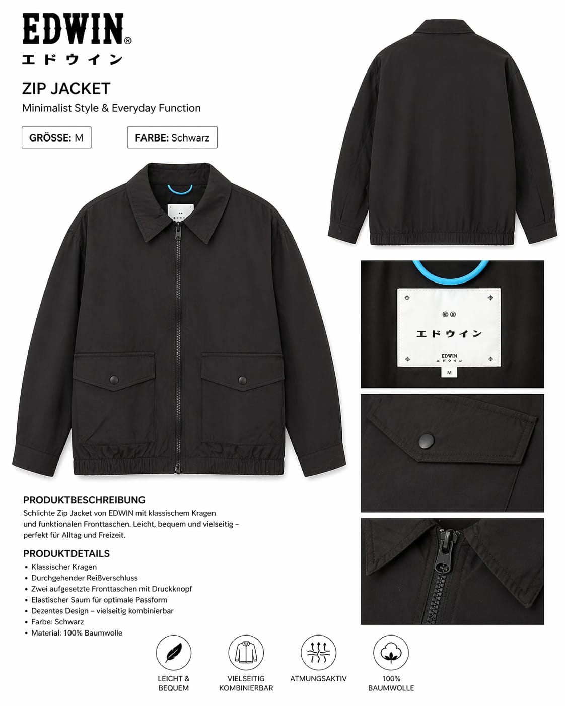 EDWIN Zip Jacket – Schwarz, Größe M - Image 4