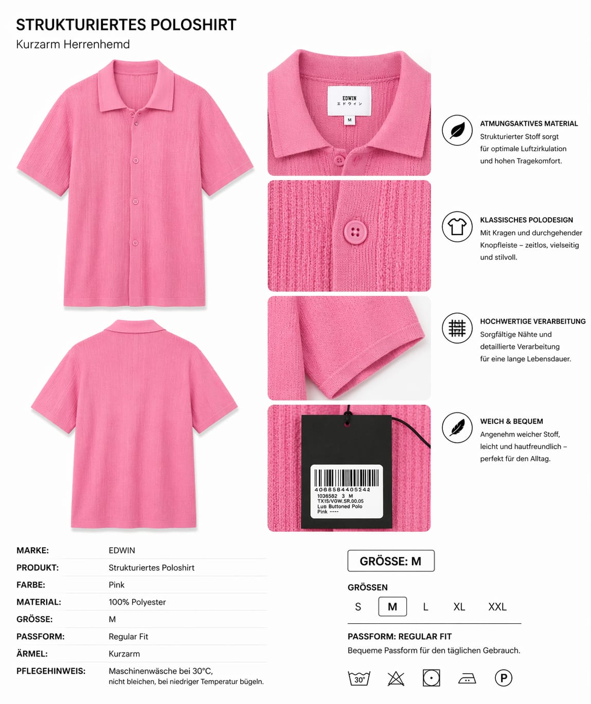 EDWIN Luis Buttoned Polo – Pink, Größe M - Image 4