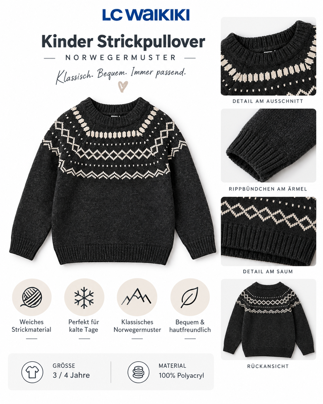 LC Waikiki Kinder Strickpullover – Norwegermuster, Größe 3/4 Jahre - Image 4