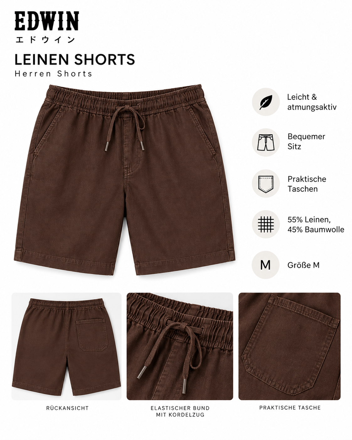 EDWIN Leinen Shorts – Dunkelbraun, Größe M - Image 4