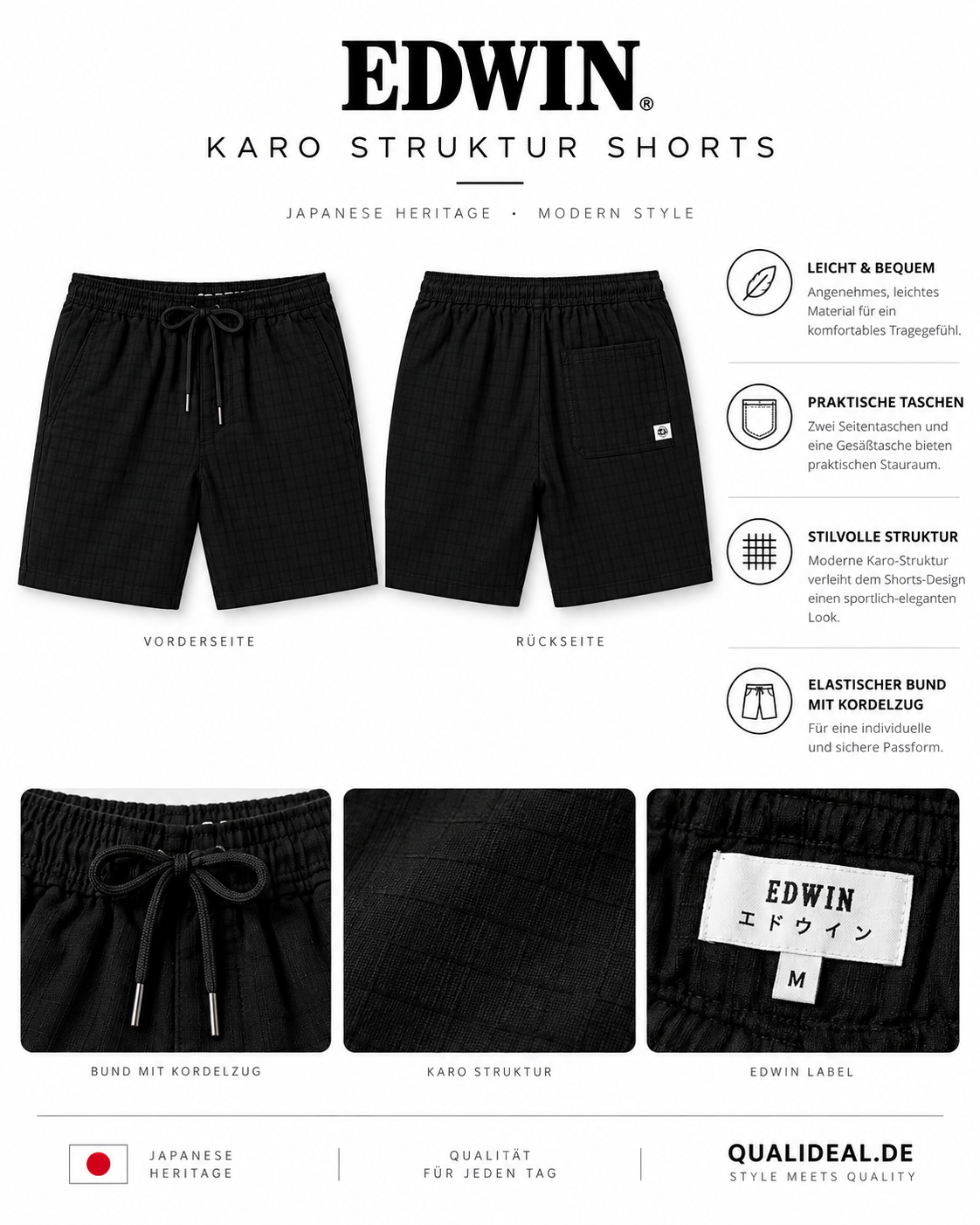 EDWIN Karo Struktur Shorts – Schwarz, Größe M - Image 4